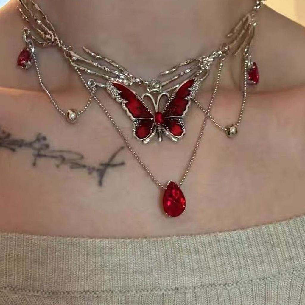 Red Enamel Butterfly Tassels Multi Layer Necklace Elegant Adjustable Length Neckchain Alloy Jewelry Gift for Women