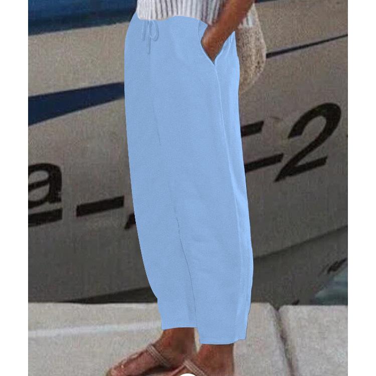Women s Elastic Waist Linen Pants Loose Fit Casual Trousers Solid Color Pocket Harem Pants S