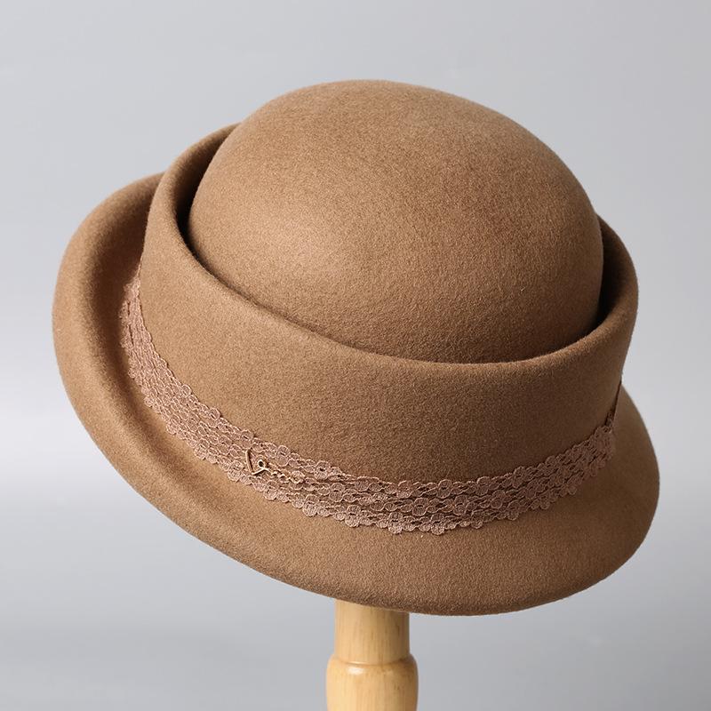 New autumn and winter lace wool basin hat women's French Hepburn style golden top hat bow bucket hat