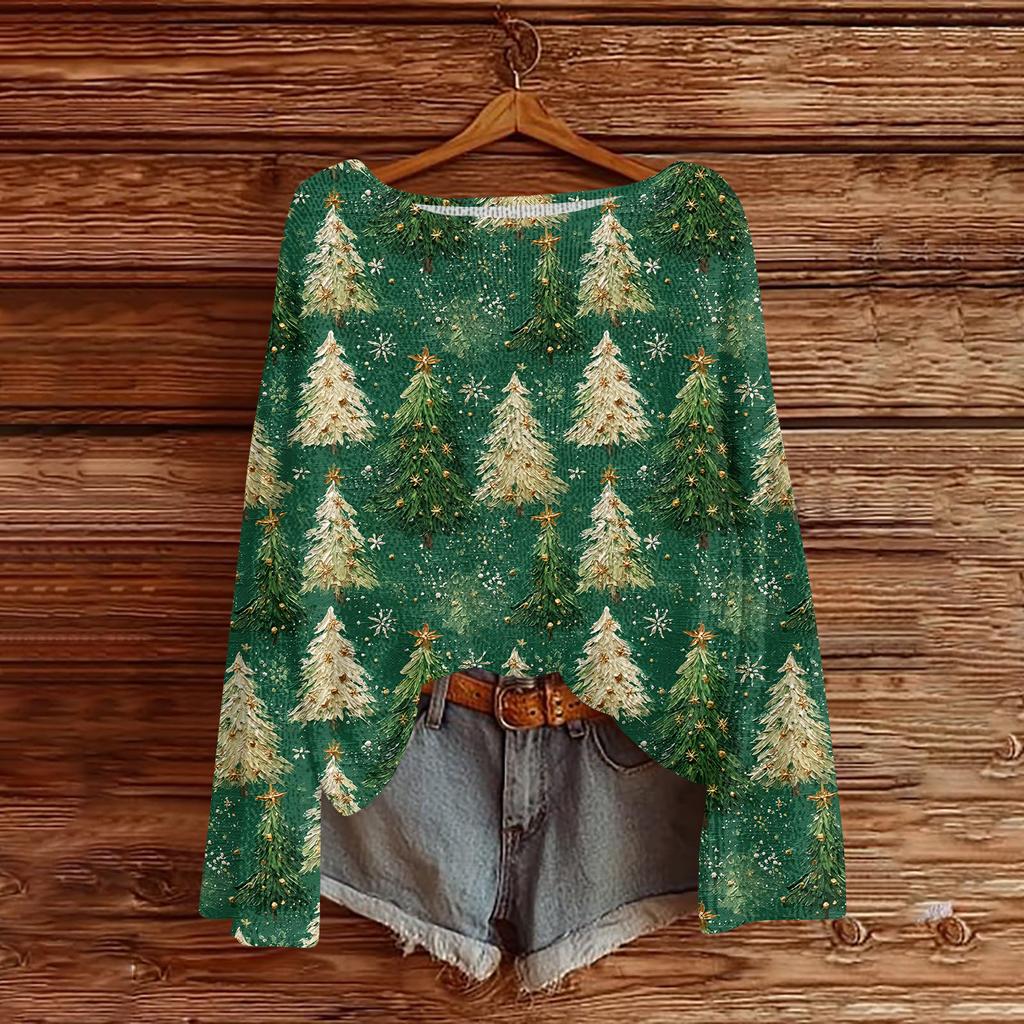 Women's Casual Fashion Round Neck Top Christmas Print Long Sleeve Knit Pullover
