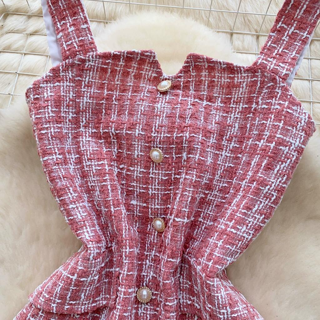 Podzim Jaro Dámské Ležérní Jednořadé Špagetové Ramínko Kostkované Tweedové Mini Krátké Šaty pro Studentku