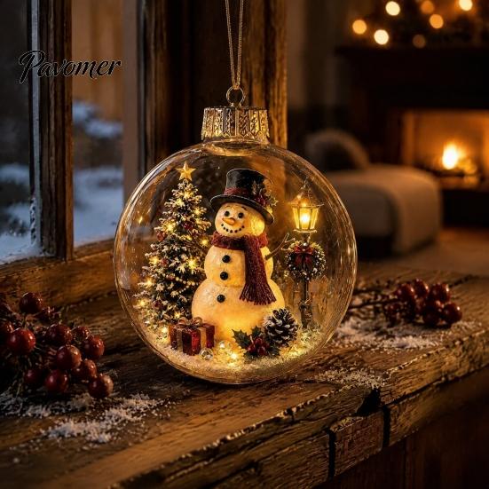 Illuminated Hanging Spheres Lighted Christmas Ornament with Warm LED Lights, Retro Metal Cap Decorative Decor for Tree Transparent Ball Holiday