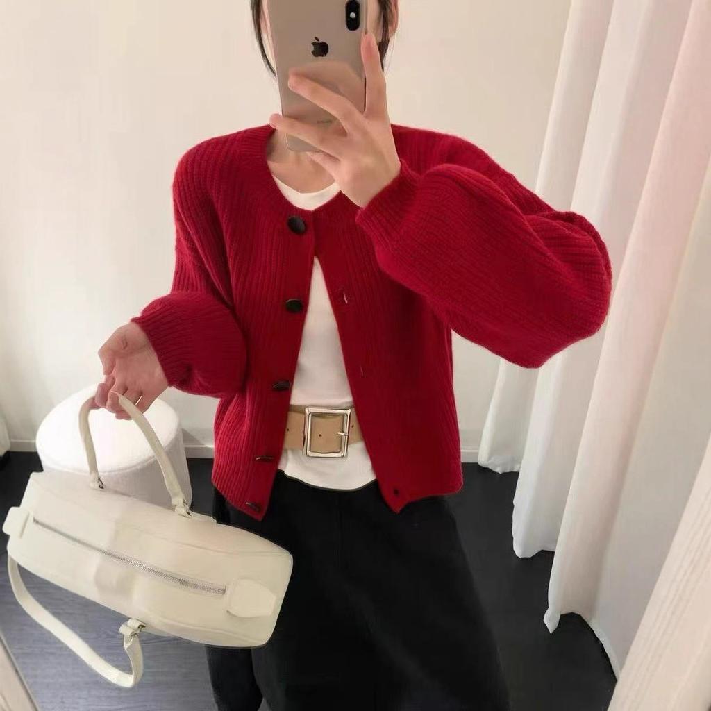 Autumn/winter new round neck single-breasted long-sleeve simple casual knit cardigan, lazy style sweater, thick jacket for women