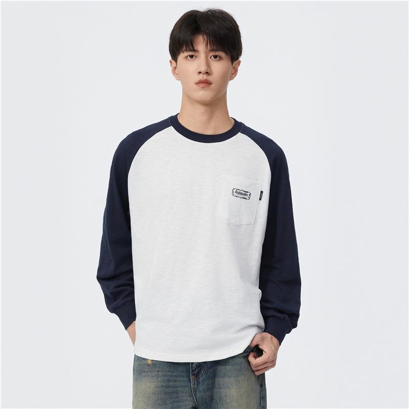 Splicing Contrasting Color Long-Sleeved Sweater T-Shirt Men'S Spring And Autumn Loose Round Neck Without Hat Pullover Casual Jacket On Clothes