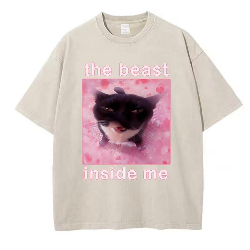 Streetwear T Shirt Vintage Washed Cotton T-Shirt The Beast Inside Me Cat Graphic Tee Casual Streetwear Spring Summer