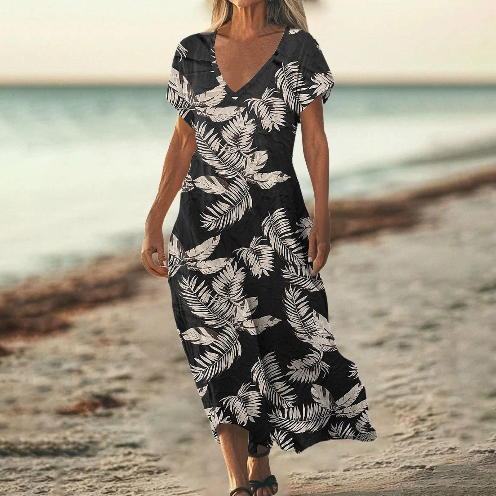 

Модное женское летнее пляжное платье с V-образным вырезом и коротким рукавом с цветочным принтом M