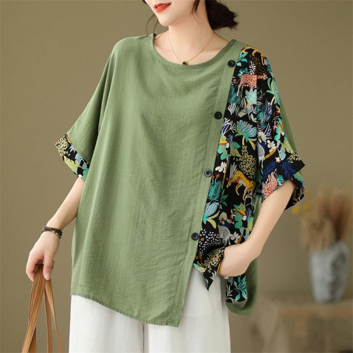 Vintage Print Patchwork Tops Summer Short Sleeve Irregular Loose Plus Size Casual T Shirts Fashion Elegant Women Clothing