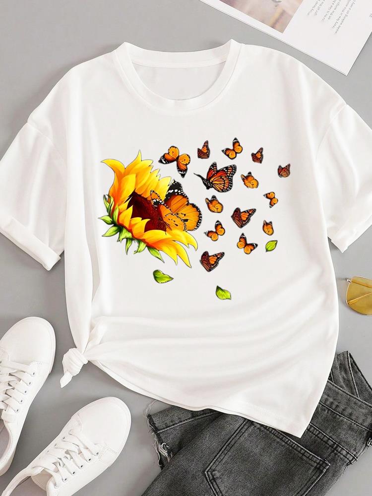 (Asian Size) trend love flower Short Sleeve T-shirts Women's Top T Female Print  Fashion O-neck Casual Clothing  Graphic Tee