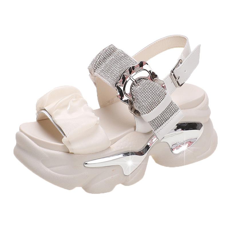 Fashion European Rhinestone Buckle Thick Bottom Higher Slope Heel Sponge Cake Casual Women's Summer New High Heel Sandals Slippers