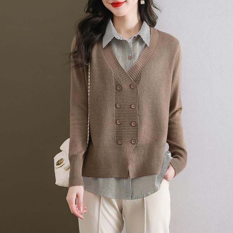 Autumn Winter Polo-neck Fake Two Pieces Casual Fashion Sweaters Women Vintage Bottomed Knitting Top