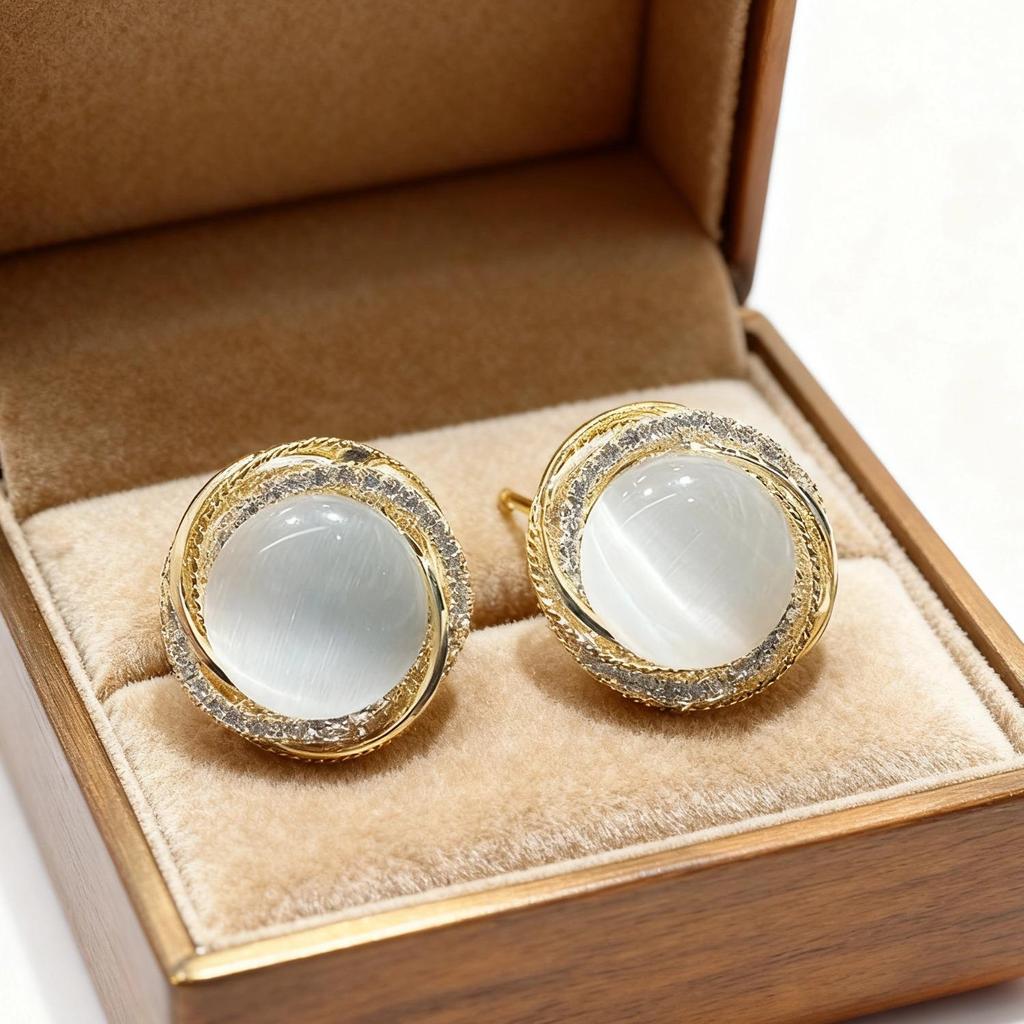 Miki's Geometric Diamond-Studded Cat's Eye Stone Earrings: Stylish, Classic, and Fresh.