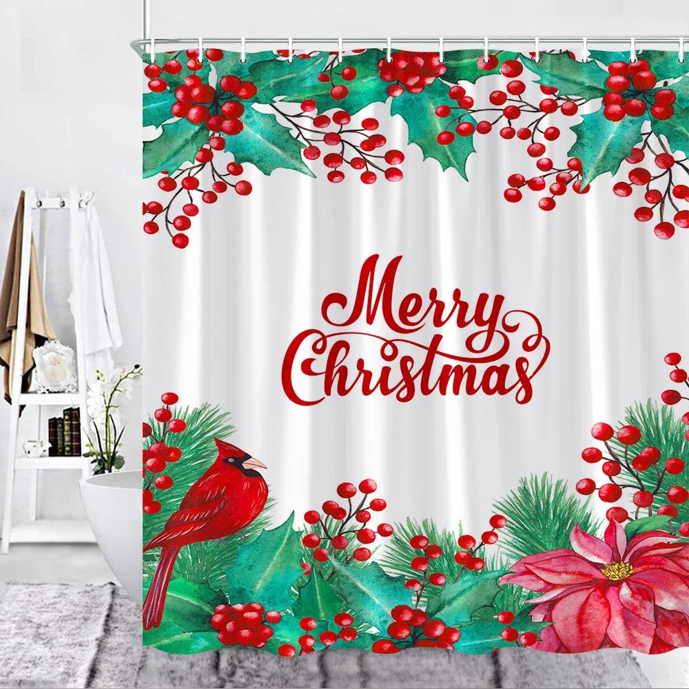 Christmas Shower Curtain, Funny Snowman Red Xmas Balls Snow Pine Branch Green Buffalo Plaid Fabric Washable Bathroom Curtain Set