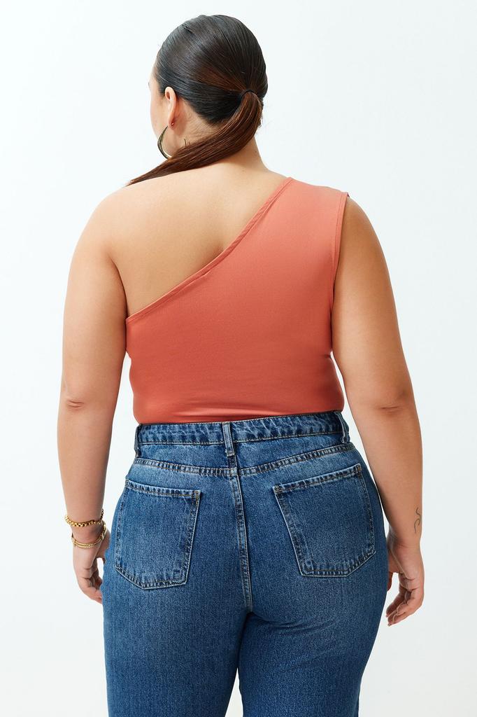Women's Style Plus Size Cinnamon Asymmetric Collar Knitted Body with Snaps at the Bottom