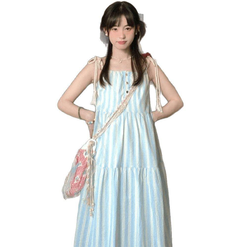 Women's Seaside Stripe Spaghetti Strap Maxi Dress - 2025 Summer French Style, Loose Fit, Petite