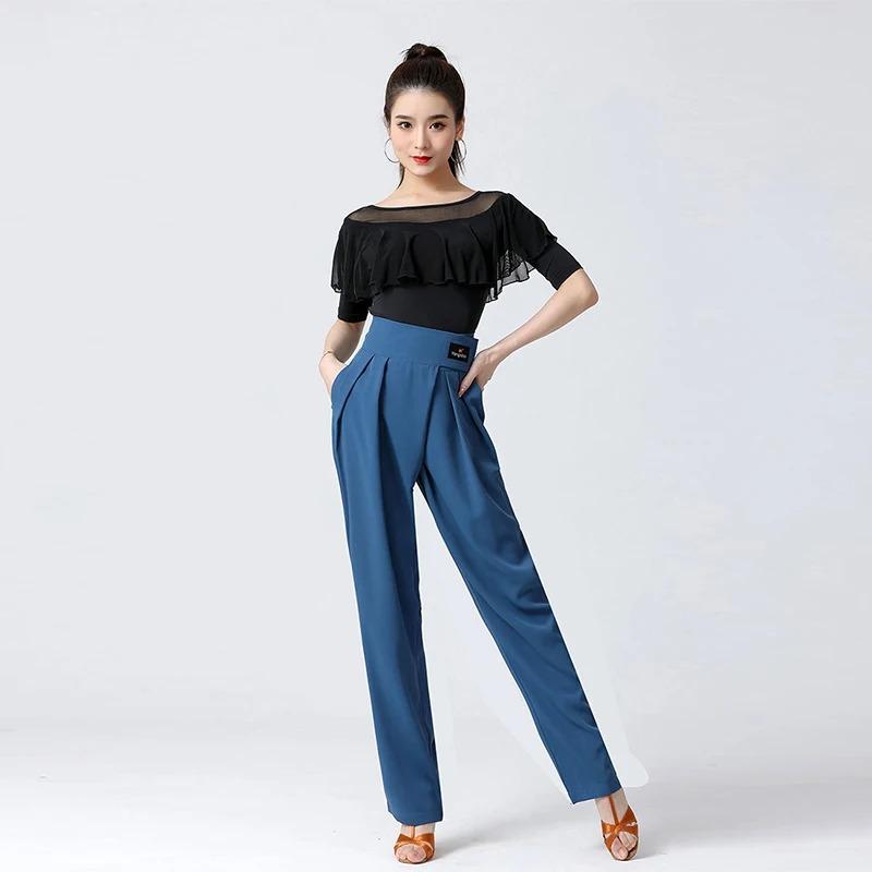 Hohe Taille Damen Latein Modern Dance Hose Professionelles Enges Bündchendesign Hose Dame Ballsaalhose Tasche