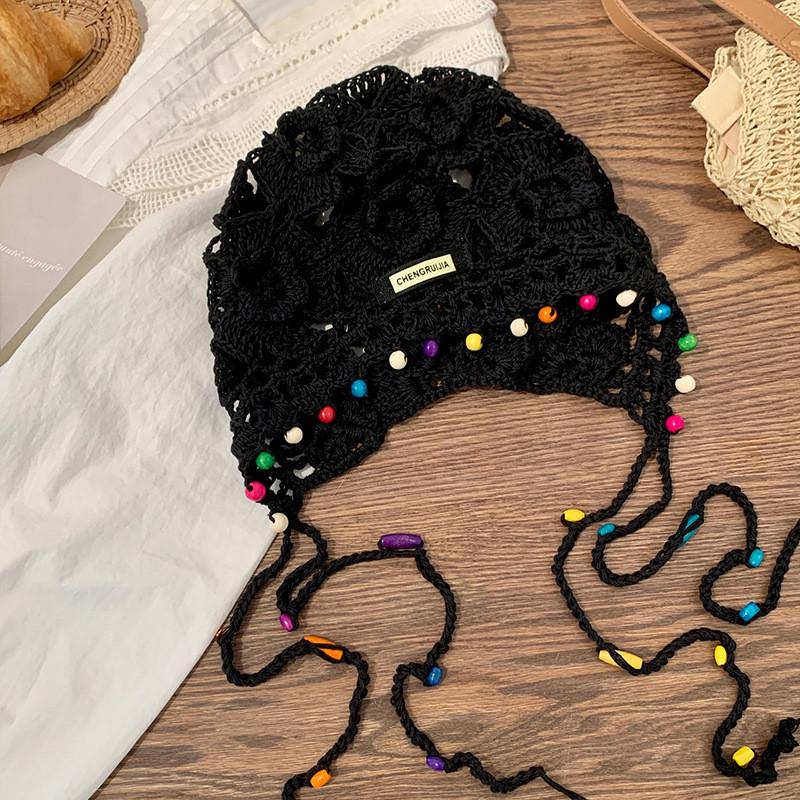 Stylish Handmade Knitted Hat For Women With Bohemian Floral Design And Tassels