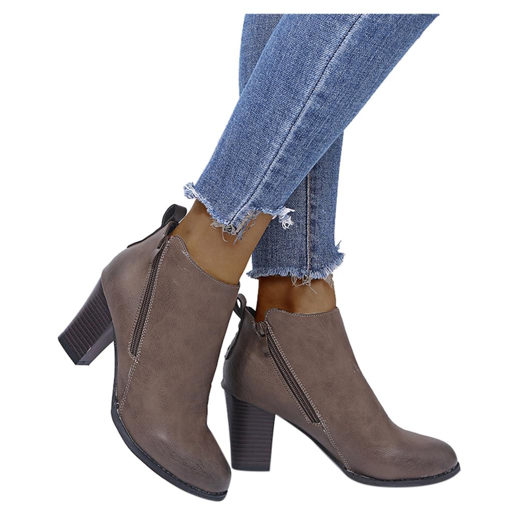 Retro Women Leather Square Heel Zipper Solid Color Short Booties Round Toe Shoes