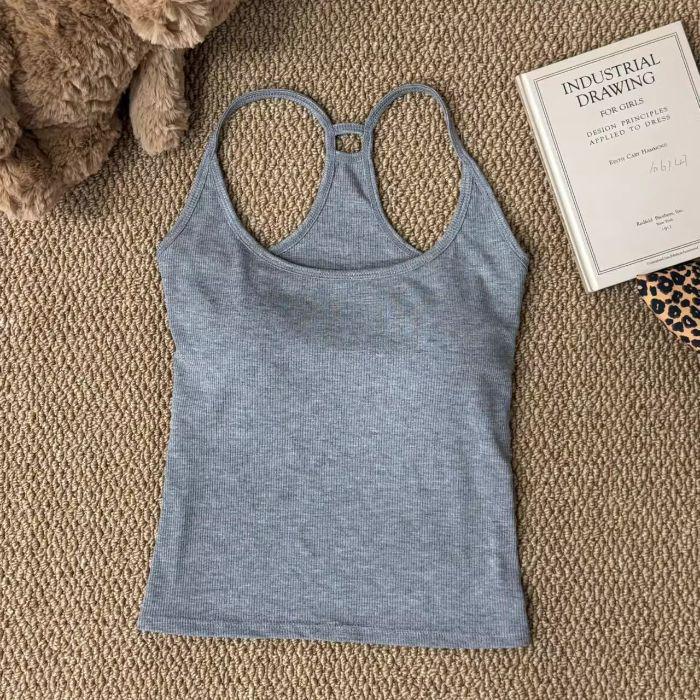 Women's Gray Strappy Tank Top with Chest Pads - Summer Cover for Armpit Fat, Beautiful Back - Perfect Base Layer for Spring and Autumn