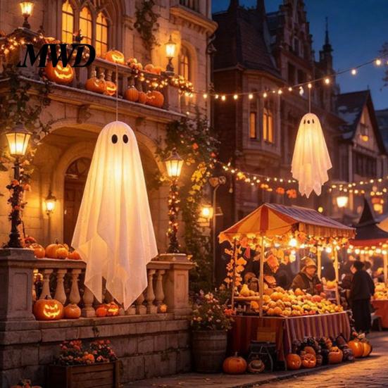 Glowing Halloween Scene Accessories 3Pcs Lighted Hanging Ghost Decorations,Glowing Warm LED Floating Ghosts, Swinging Creepy Yard Decorations