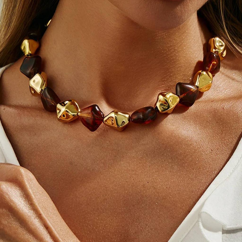 Salircon Boho Resin Acrylic Metal Beaded Necklaces Bracelets Set for Women Vintage Elegant Clavicle Choker Party Jewelry Gifts