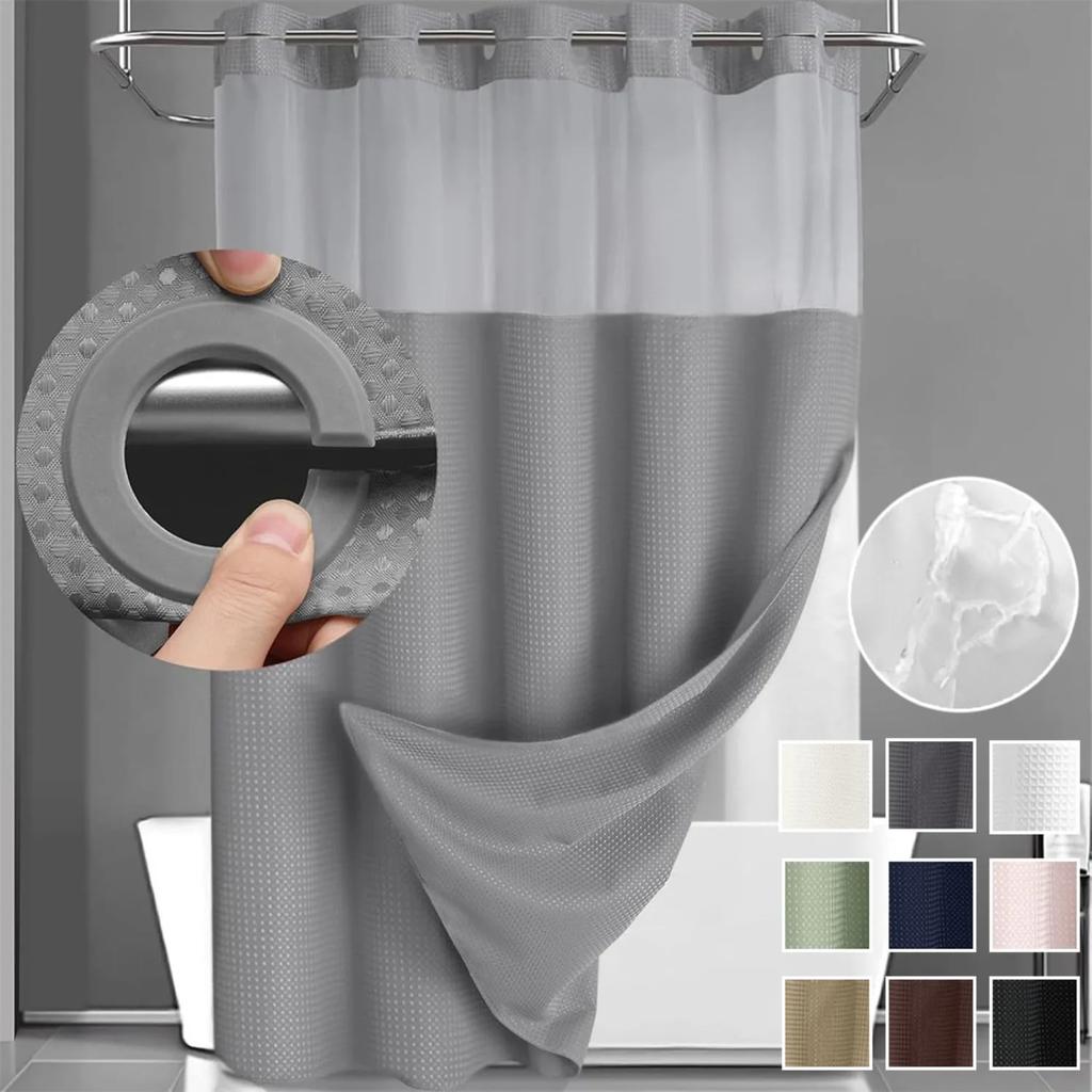 1PC Hookless Waffle Check Shower Curtain Hotel Grade Double Layer Waterproof Bathroom Shower Curtain Easy To Install 10 Colors