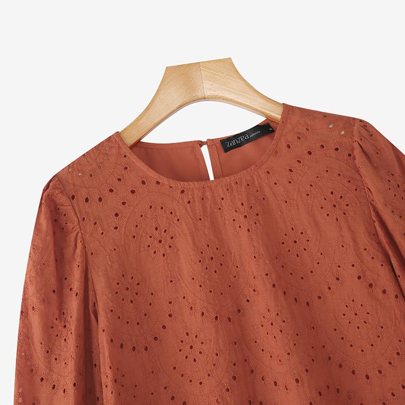 ZANZEA Women Casual Round Neck Long Sleeve Patchwork Crochet Blouse