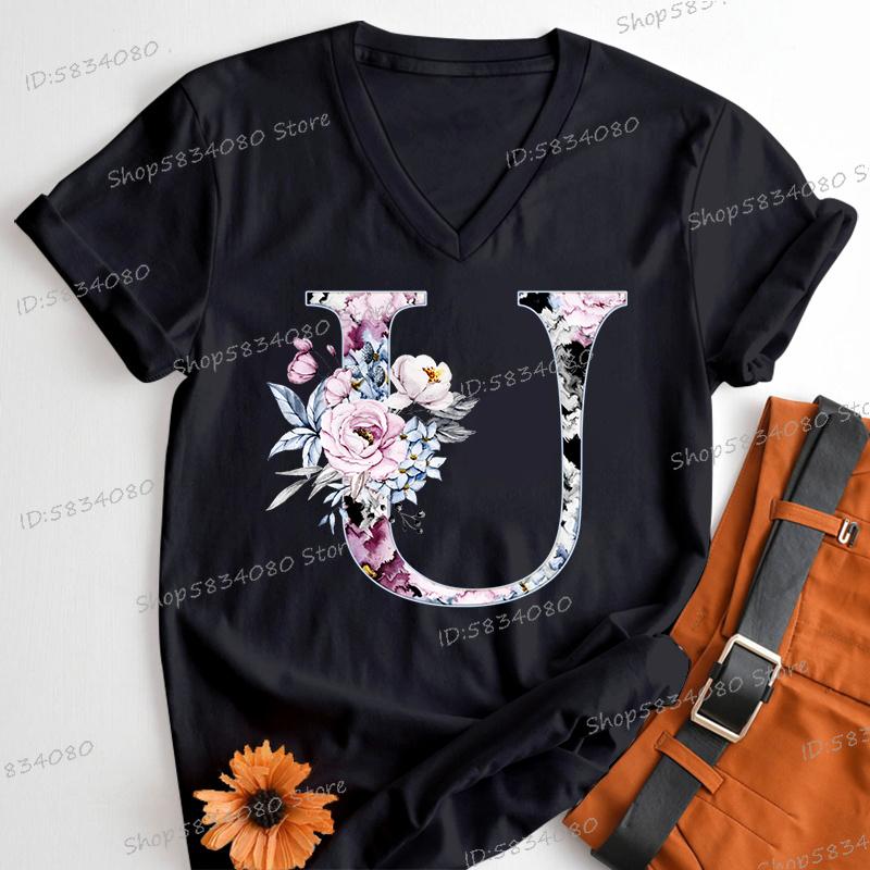 Womens Clothing AZ 26 Alphabet Flower Vintage Design Tshirts Retro Birthday Gift for Women Floral Letters A B C D Classic Top