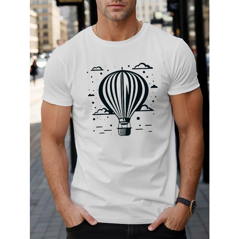 Men's Casual Hot Air Balloon Graphic Tee - Short Sleeve, Round Neck - Perfect for Summer