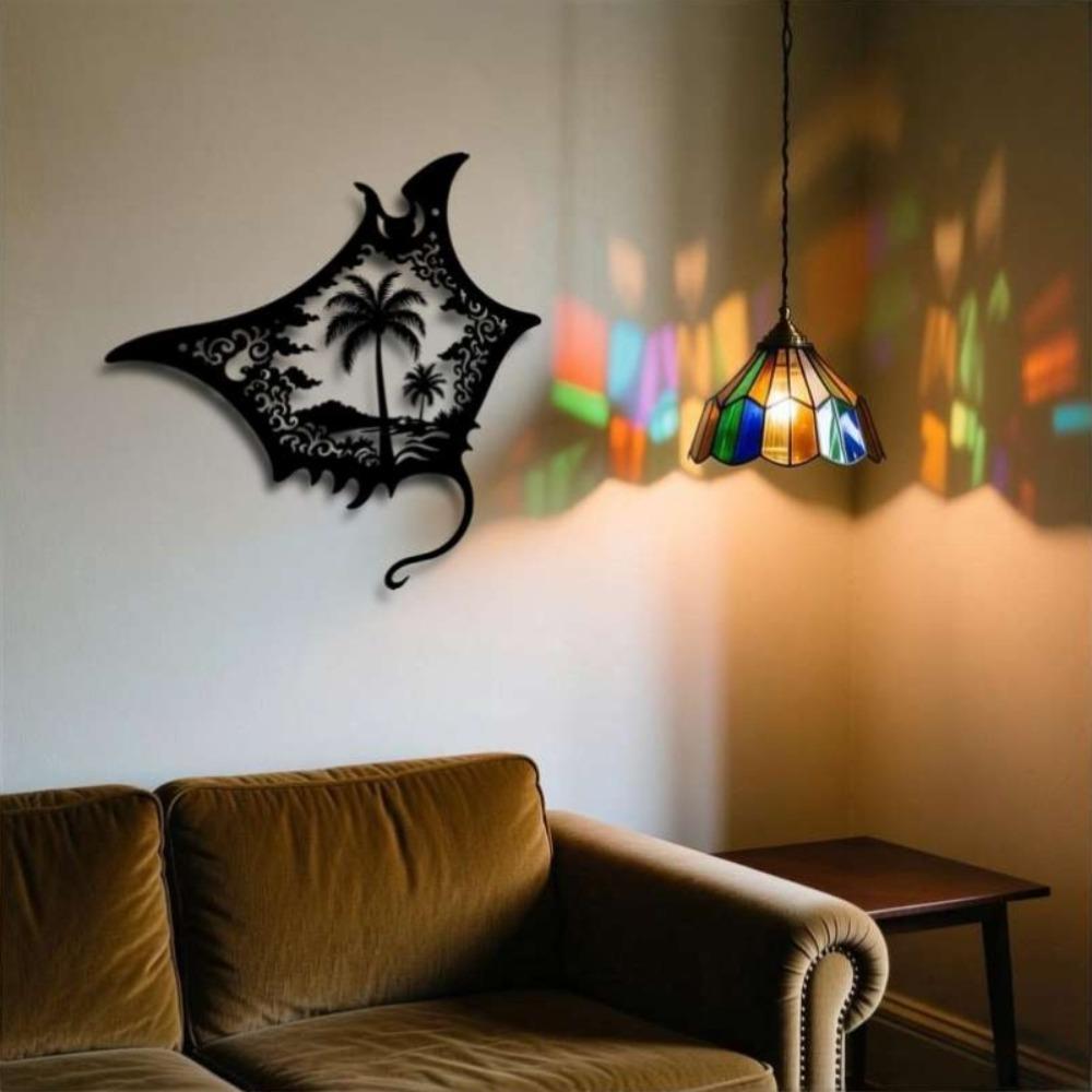 1pc Black Manta Ray Iron Wall Art, Tropical Palm Tree Ocean Scene, Modern Coastal Decor for Beach Bedroom Living Room, Travel Lover Gift, Easy Hang