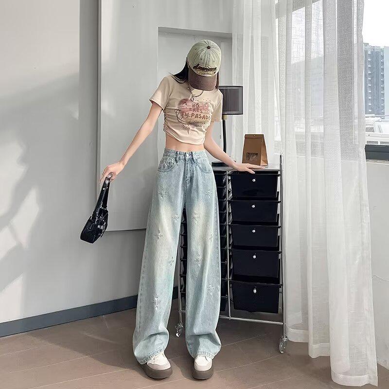 Women's Retro High-Waist Slim-Fit Jeans with Snowflake Embroidery & Rhinestones