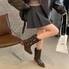 2025 autumn and winter new thick heel western boots retro belt buckle knight boots brown medium boots women's boots locomotive boots