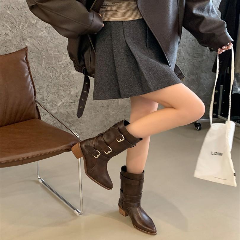 2025 autumn and winter new thick heel western boots retro belt buckle knight boots brown medium boots women's boots locomotive boots