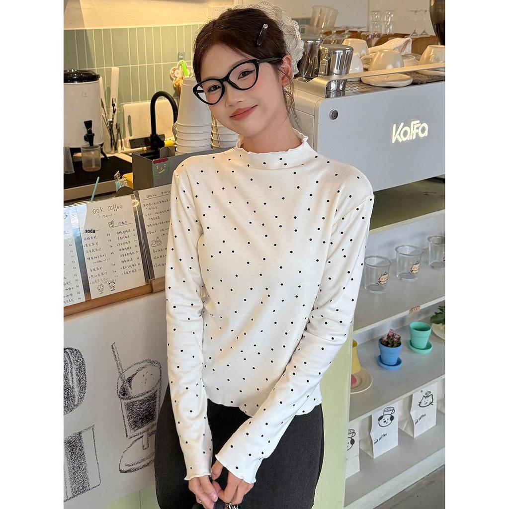 Miu Style Polka Dot Ruffle Long Sleeve Women's T-Shirt - Slim Fit, Half-High Neck, Perfect for Autumn/Winter.