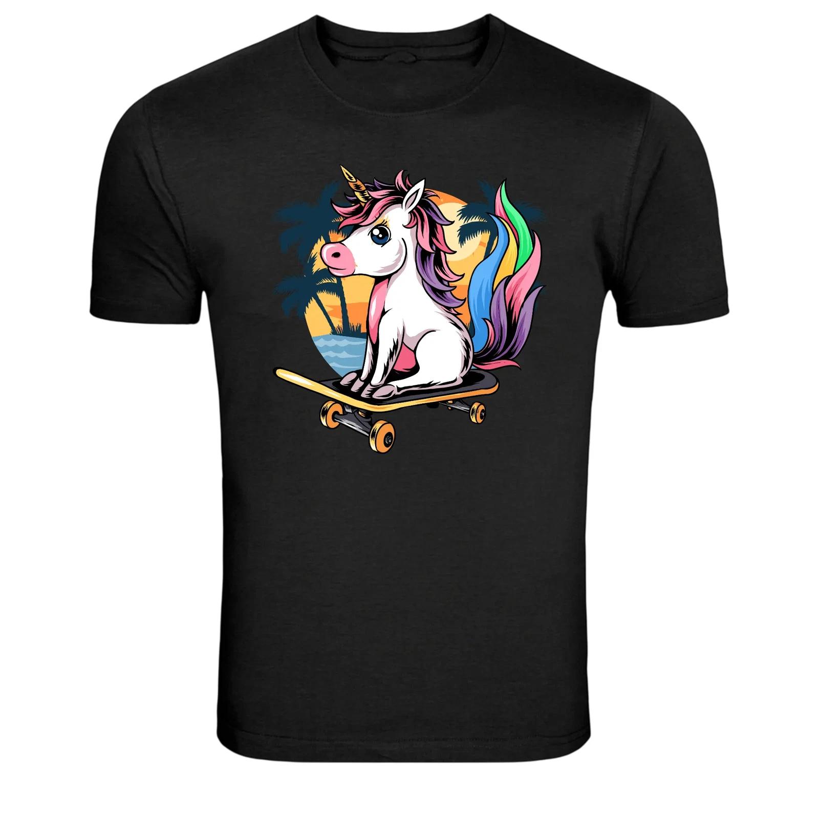 Skateboarding Unicorn Sunset Beach Graphic T Shirt Cute Fantasy Tee XS