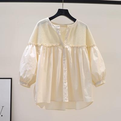 Women's Summer Loose Sweet Patchwork Shirt with Ruffled Lantern Sleeves