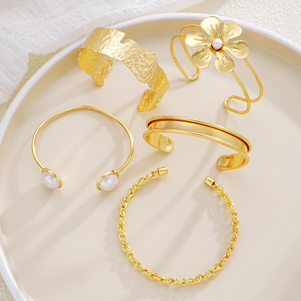 IF ME 5 Pcs/Set Vintage Gold Color Flower Bracelet for Women Fashion Retro Geometric Metal Open Bangle Charm Party Jewelry Gifts