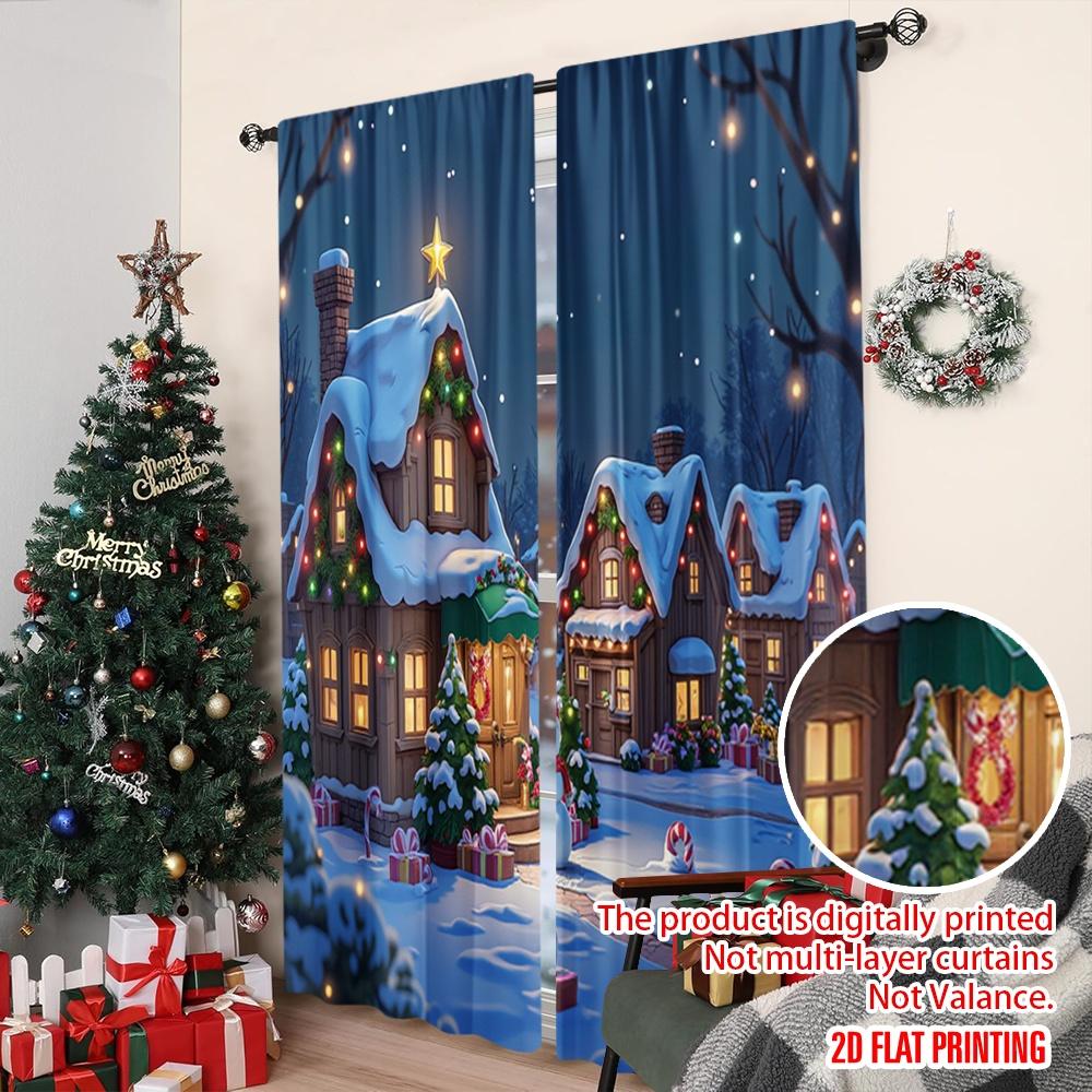 2pcs 2D flat printing Merry Christmas Curtains Candy Shop Snow Christmas Durable polyester fiber Festive Wall Decor for Indoor