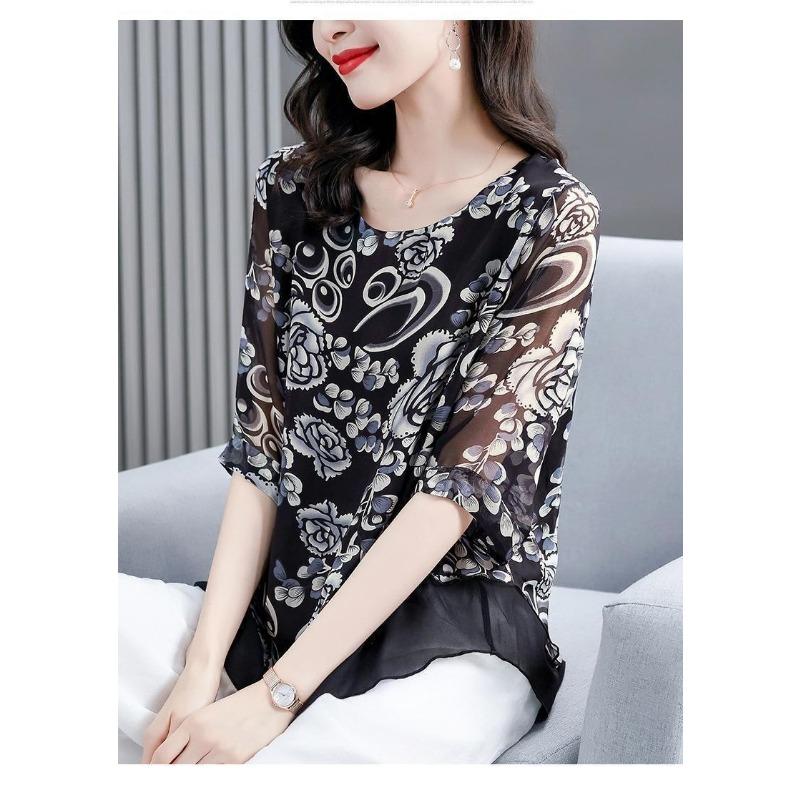 Plus Size Women Printed Chiffon Three Quarter Sleeve Fashionable Blouse