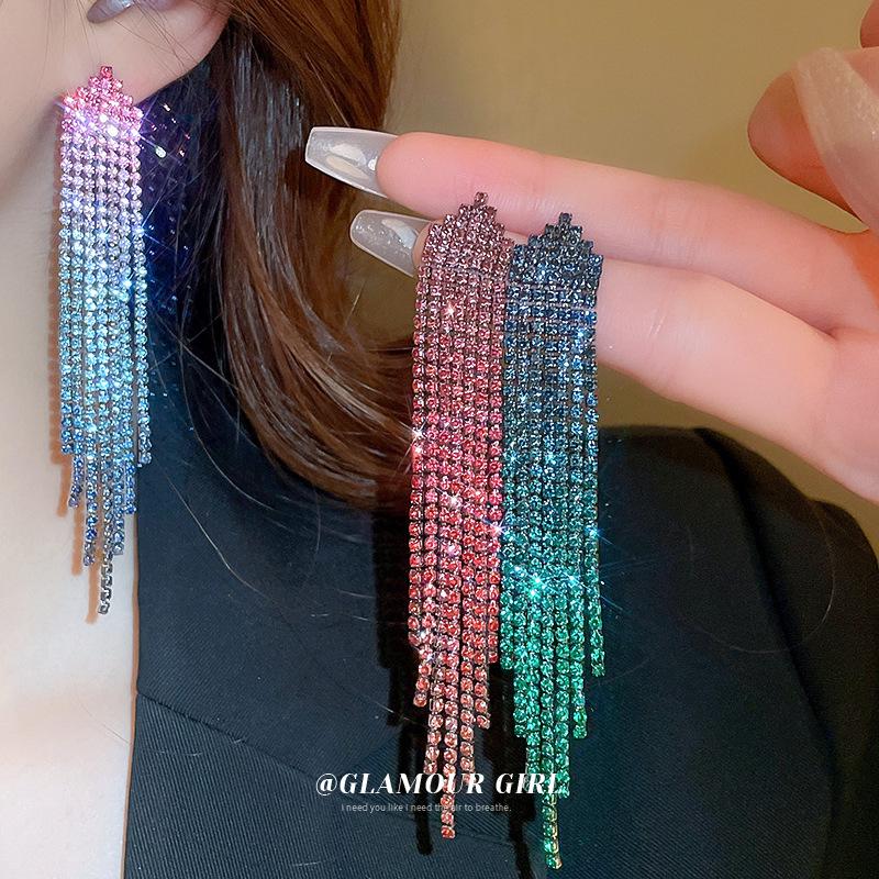 Silver Needle Retro Rhinestone Water Drop Tassel Earrings - Elegant Stud Accessories for Women