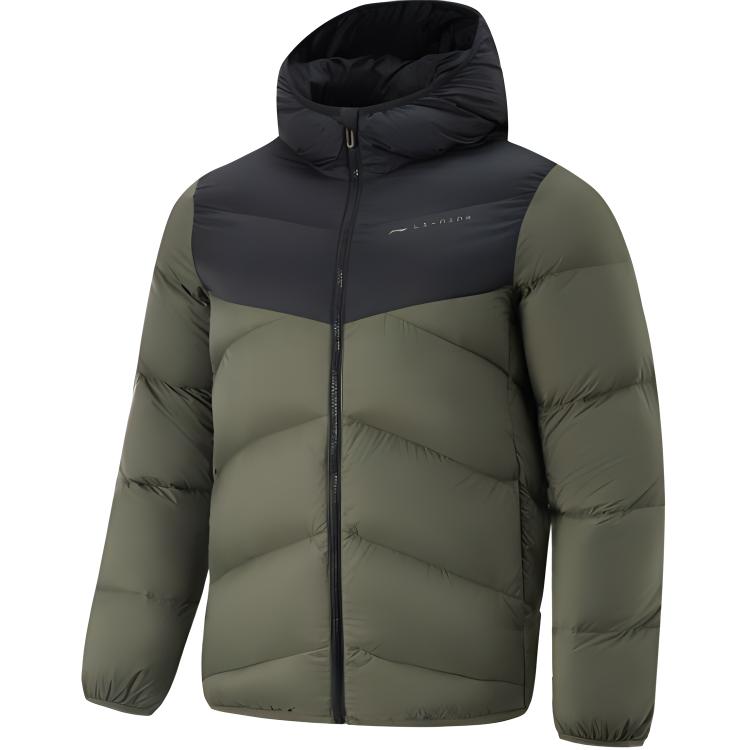 Li Ning Fitness Series Color Block Warm Hooded Down Jacket Men Outerwear Military-Green Black AYMU561-8