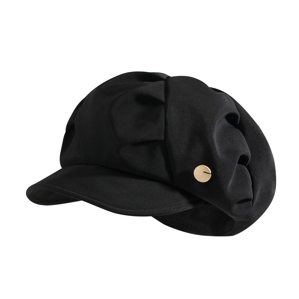 New Black Pleated Cloud Hat for Women with Big Head Octagonal Hat Showing Versatile Face Beret for Women