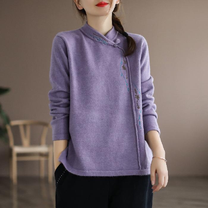 Retro Long-sleeved T-shirt for Women In Autumn and Winter New Style Clothes, Loose Tops, Embroidered Middle-aged Mother Base Shirt