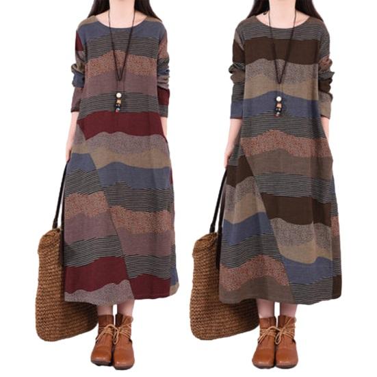 Women's Long Sleeve Cotton Linen Maxi Dress Vintage Bohemian Printed Patchwork Crew Neck Dress Fall Loose Outfit