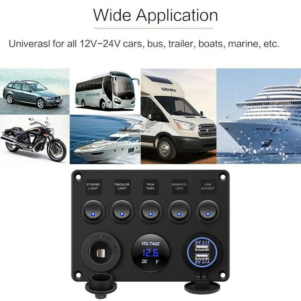 Dual USB Socket 5 Gang Switch Panel Red/Green/Blue Lights LED Voltmeter Power Outlet  Boat