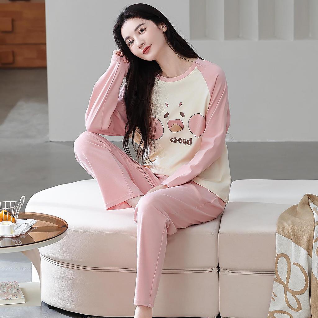 100% Cotton Women's Pajama Set – Breathable, Sweat-Absorbent, Long Sleeve Crew Neck for Indoor & Outdoor Wear (Autumn/Winter)