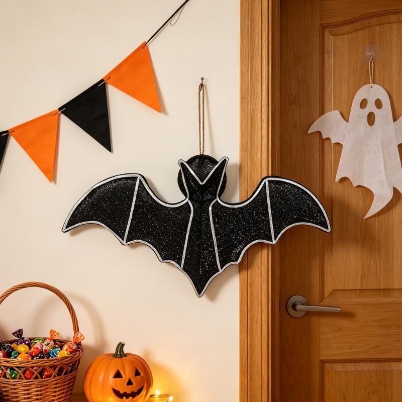Metal Bat Halloween Decoration Hanging Accent with Loop for Entryway Party Table Display and Home Window Indoor Use