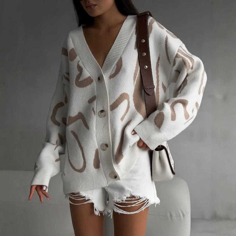 Women S V Neck Abstract Jacquard Knit Cardigan Loose Sweater Coat S