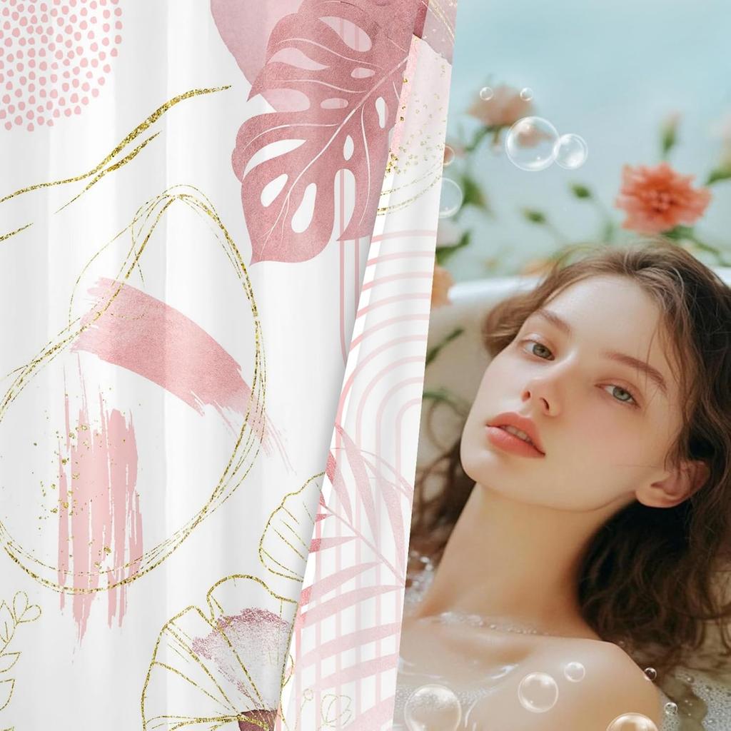 Pink Abstract Geometric Shower Curtain for Bathroom, Pink and Gold Leaf Boho Plant Shower Curtain with Hooks Modern Aesthetic