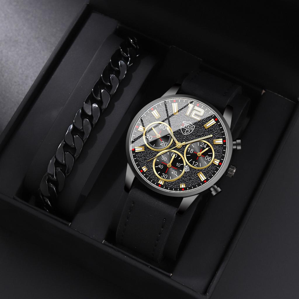 2PCS Set DEYROS Fashion Men's Watch Luxury Men's Leather Strap Calendar Watch Casual Men's Leather Quartz Watch Men's Gifts