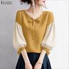 ZANZEA Women Casual Round Neck Stripe Splice Half Sleeve Loose Blouse